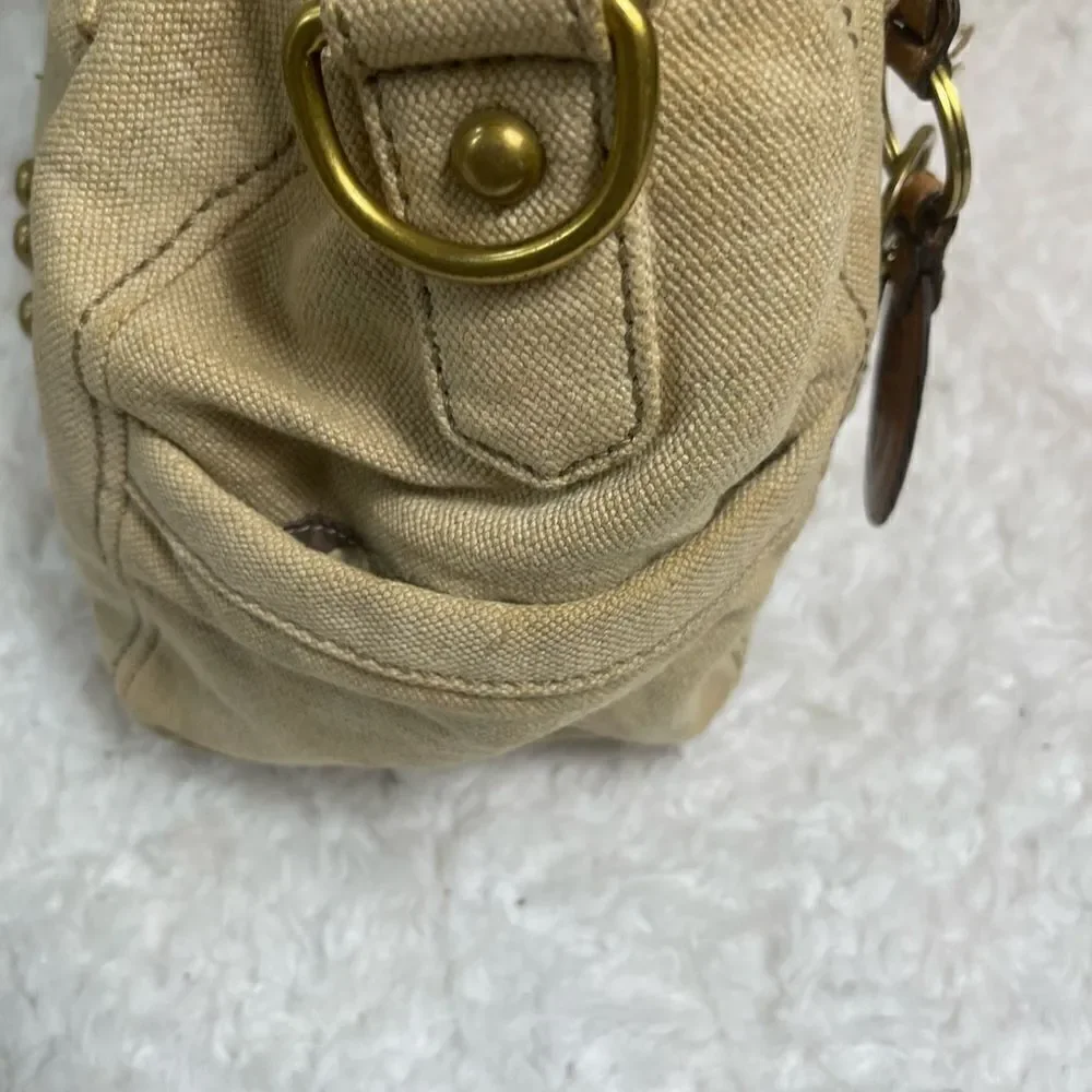 Fossil long live vintage khaki burlap Boston bag with leather tan straps .